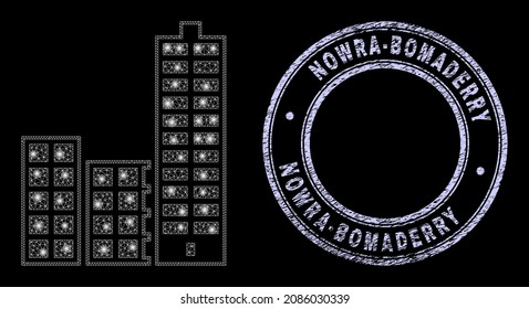 Shiny mesh web city buildings icon with glow effect on a black background with round Nowra-Bomaderry corroded seal. Vector frame based on city buildings icon, white mesh is used.