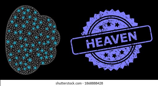 Shiny mesh web cloud with light spots, and Heaven rubber rosette stamp seal. Illuminated vector model created from cloud icon. Blue stamp seal has Heaven text inside rosette.