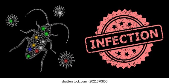 Shiny mesh web cockroach infection with glowing spots, and Infection rubber rosette stamp seal. Illuminated vector model created from cockroach infection symbol.