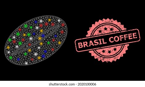 Shiny mesh web coffee bean with lightspots, and Brasil Coffee textured rosette seal. Illuminated vector mesh created from coffee bean icon. Pink stamp seal has Brasil Coffee text inside rosette.