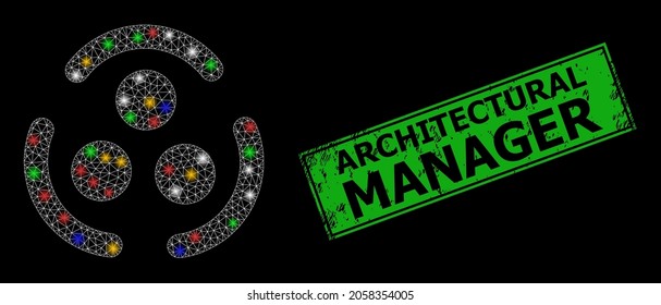 Shiny mesh web community logo with multi colored flash nodes, and grunge Architectural Manager stamp. Green stamp seal includes Architectural Manager text inside framed rectangle.