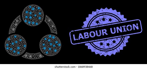 Shiny mesh web cooperation with lightspots, and Labour Union scratched rosette seal. Illuminated vector constellation created from cooperation icon.
