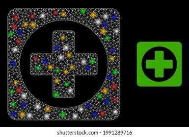 Shiny mesh web create with colored light dots. Constellation vector frame created from create icon. Sparkle constellation mesh create, on a black backgound.