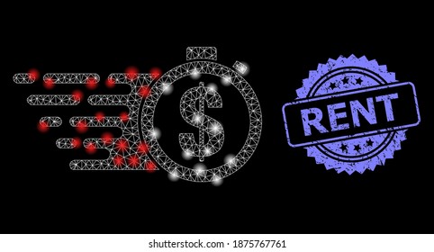 Shiny mesh web credit time with lightspots, and Rent unclean rosette stamp seal. Illuminated vector model created from credit time icon. Blue stamp has Rent caption inside rosette.