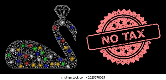 Shiny mesh web crowned swan with flash nodes, and No Tax rubber rosette seal imitation. Illuminated vector mesh created from crowned swan pictogram. Pink seal contains No Tax text inside rosette.