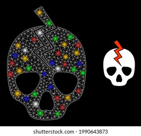 Shiny mesh web death strike with colored light dots. Constellation vector mesh created from death strike pictogram. Sparkle constellation mesh death strike, on a black backgound.
