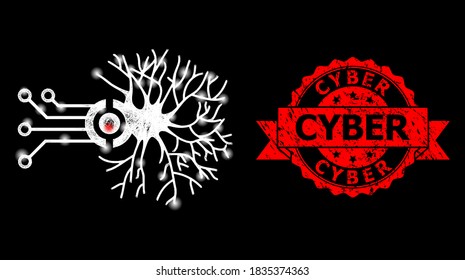 Shiny mesh web digital neural connection with light spots, and Cyber scratched ribbon stamp seal. Red stamp seal includes Cyber text inside ribbon.