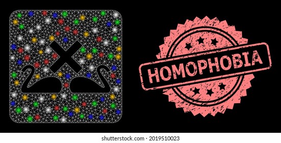 Shiny mesh web divorce swans with light spots, and Homophobia unclean rosette stamp. Illuminated vector constellation created from divorce swans symbol.