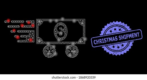Chimenea de malla brillante de un coche con manchas brillantes y sello de marca de rosetón impuro para el envío de Navidad. Constelación vectorial iluminada creada a partir del icono del dólar.