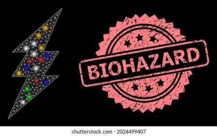 Shiny mesh web electric spark with glowing spots, and Biohazard unclean rosette seal print. Illuminated vector mesh created from electric spark symbol.