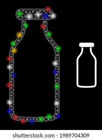 Shiny mesh web empty bottle with multi colored light dots. Illuminated vector frame created from empty bottle symbol. Sparkle frame polygonal empty bottle, on a black backgound.