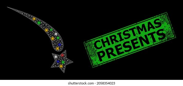 Shiny mesh web falling star with vibrant light spots, and grunge Christmas Presents seal. Green seal contains Christmas Presents text inside framed rectangle.