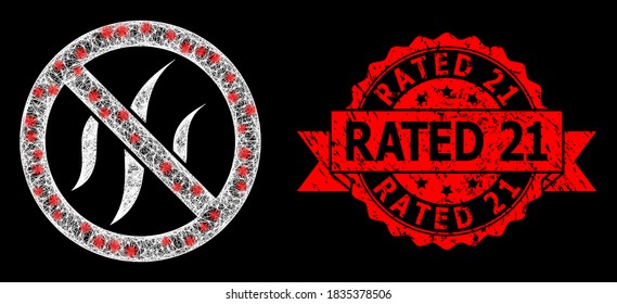 Shiny mesh web forbidden flavors with lightspots, and Rated 21 grunge ribbon seal print. Red stamp seal contains Rated 21 title inside ribbon.