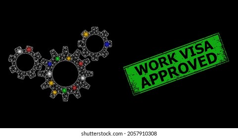 Shiny mesh web gear mechanism with vibrant light spots, and grunge Work Visa Approved seal. Green stamp seal contains Work Visa Approved title inside framed rectangle.