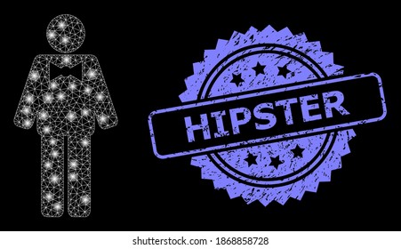 Shiny mesh web groom with light spots, and Hipster textured rosette stamp seal. Illuminated vector model created from groom icon. Blue stamp seal includes Hipster tag inside rosette.