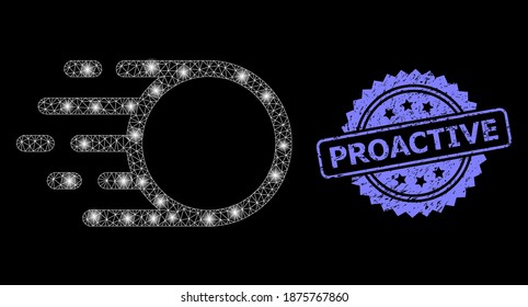 Shiny mesh web light motion with glowing spots, and Proactive rubber rosette seal. Illuminated vector model created from light motion icon. Blue stamp seal has Proactive tag inside rosette.