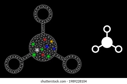 Shiny mesh web links with multicolored light dots. Constellation vector mesh created from links icon. Sparkle constellation polygonal links, on a black backgound.