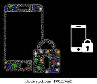 Telefono inteligente con red de malla brillante con manchas de luz coloreadas. Estructura vectorial de constelación creada a partir del pictograma de smartphone bloqueado. Sparkle carcass mesh bloqueo un smartphone, con un fondo negro.