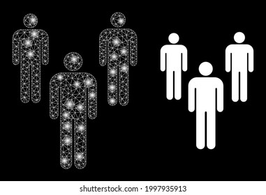 Shiny mesh web men with lightspots. Illuminated vector constellation created from men icon with white mesh. Sparkle carcass mesh polygonal men. Linear carcass 2D mesh in vector format.