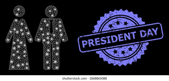 Shiny mesh web newlyweds with glowing spots, and President Day dirty rosette stamp seal. Illuminated vector constellation created from newlyweds icon.