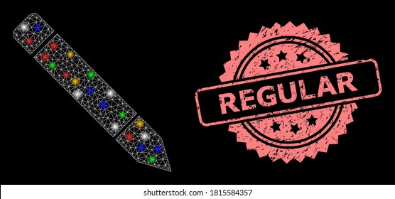 Shiny mesh web pencil with glowing spots, and Regular rubber rosette stamp. Illuminated vector mesh created from pencil symbol. Pink stamp includes Regular title inside rosette.