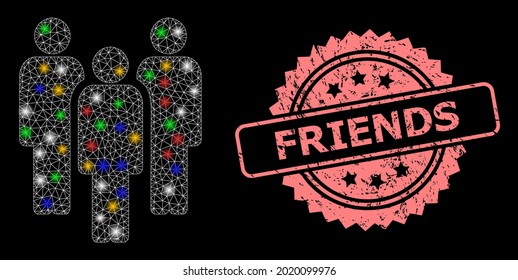 Shiny mesh web people with flash nodes, and Friends corroded rosette seal imitation. Illuminated vector mesh created from people symbol. Pink seal contains Friends tag inside rosette.