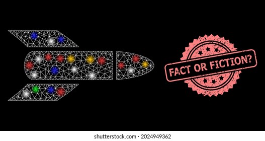 Shiny mesh web rocket with flash nodes, and Fact or Fiction Question rubber rosette stamp. Illuminated vector mesh created from rocket symbol. Pink stamp seal contains Fact or Fiction Question caption