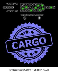 Shiny mesh web rolling wine delivery with lightspots, and Cargo textured rosette seal. Illuminated vector constellation created from rolling wine delivery icon.