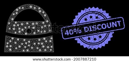 Shiny mesh web shopping bag with glowing spots, and 40 percent Discount rubber rosette seal. Illuminated vector model created from shopping bag icon. Blue seal has 40 percent Discount caption inside