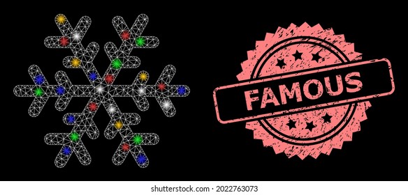 Brillante copo de nieve de malla brillante con manchas brillantes y famoso sello sucio de rosetón. Malla vectorial iluminada creada a partir del pictograma del copo de nieve. El sello rosado tiene la etiqueta Famosa dentro de la roseta.