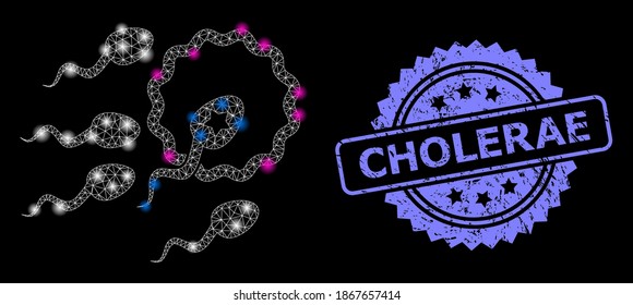 Shiny mesh web sperm insemination with glowing spots, and Cholerae scratched rosette stamp seal. Illuminated vector constellation created from sperm insemination icon.