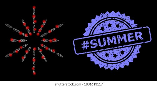 Shiny mesh web sun rays with glowing spots, and Hashtag Summer dirty rosette stamp seal. Illuminated vector constellation created from sun rays icon. Blue stamp has Hashtag Summer text inside rosette.