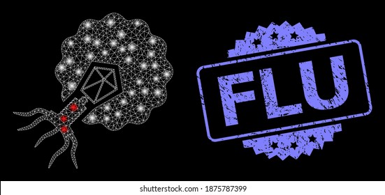 Shiny-Mesh-Web-Virus infiziert Zelle mit Lichtflecken, und Flu Gummi Rosette Stempel-Siegel. Illuminierte Vektorkonstellation, die aus dem virusinfizierenden Zellsymbol erstellt wurde.