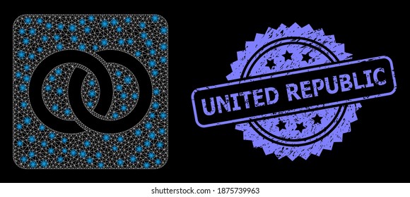 Shiny mesh web wedding rings with glowing spots, and United Republic grunge rosette seal print. Illuminated vector constellation created from wedding rings icon.