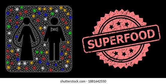 Shiny mesh web weds persons with bright dots, and Superfood grunge rosette seal print. Illuminated vector mesh created from weds persons symbol. Pink seal includes Superfood title inside rosette.