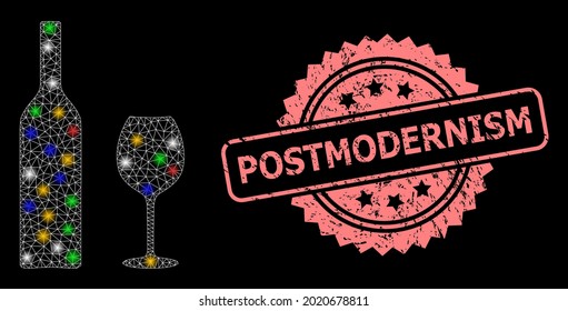 Shiny mesh web wine glassware with bright dots, and Postmodernism rubber rosette seal. Illuminated vector mesh created from wine glassware icon. Pink stamp seal has Postmodernism title inside rosette.