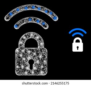 Shiny mesh Wi-Fi lock with glowing spots. Linear carcass flat mesh generated with crossing white lines and Wi-Fi lock icon. White mesh and sparkle carcass mesh Wi-Fi lock on a black background.