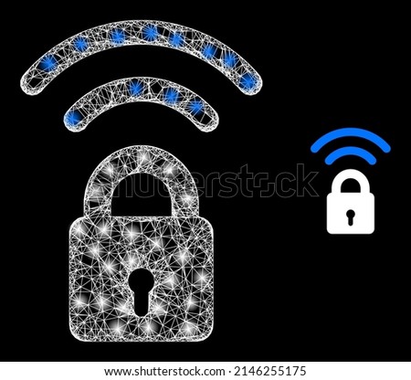 Shiny mesh Wi-Fi lock with glowing spots. Linear carcass flat mesh generated with crossing white lines and Wi-Fi lock icon. White mesh and sparkle carcass mesh Wi-Fi lock on a black background.