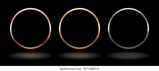 Shiny metal circle frame. Isolated luxury pink gold, gold and silver round border on black background. Set of glossy geometric frame mockup design element. 3d Vector illustration.