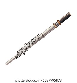 Shiny metal flute, a woodwind instrument played beautifully isolated