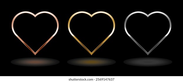 Shiny metal heart frame. Isolated luxury pink gold, gold and silver border on black background. Set of glossy heart shape frame mockup design element. 3d Vector illustration.