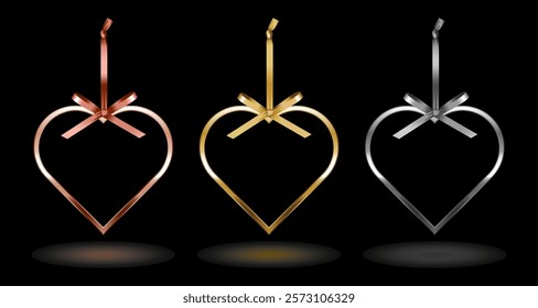 Shiny metal heart frame with ribbon bow hanging ornaments. Luxury pink gold, gold and silver border on black background. Set of glossy heart shape frame mockup design element. 3d Vector illustration.