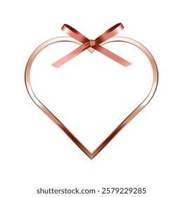 Shiny metal heart frame with ribbon bow ornaments. Luxury pink gold border. Set of glossy rose gold heart shape flat frame mockup design element. 3d Vector illustration.