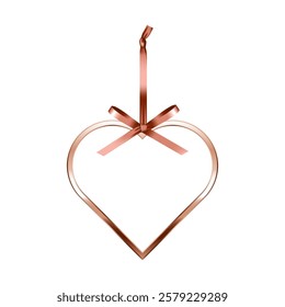 Shiny metal heart frame with ribbon bow hanging ornaments. Luxury pink gold border. Set of glossy rose gold heart shape flat frame mockup design element. 3d Vector illustration.