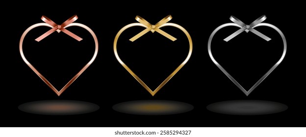 Shiny metal heart frame with ribbon bow ornaments. Luxury pink gold, gold and silver border on black background. Set of glossy heart shape flat frame mockup design element. 3d Vector illustration.