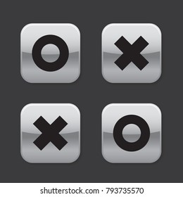 Shiny metal o and x rounded square shape icons with shadow, control panel interface flat design vector pictogram, infographic elements for app web button ui ux isolated on black background
