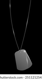 Shiny metal pendant with military badges on a chain.