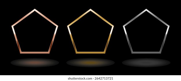 Shiny metal pentagon frame. Isolated luxury pink gold, gold and silver pentagon border on black background. Set of glossy geometric flat frame mockup design element. Vector illustration.
