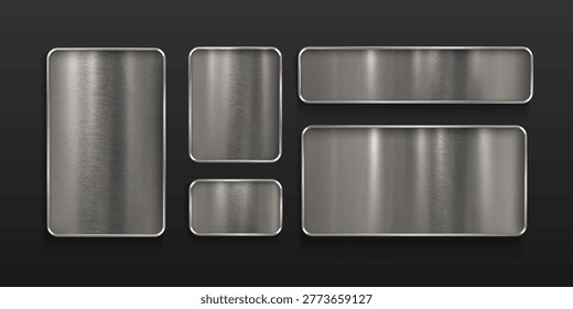 Shiny metal plates set isolated on background. Vector realistic illustration of rectangle stainless steel badges attached to surface with rivets, iron name board, game ui design elements