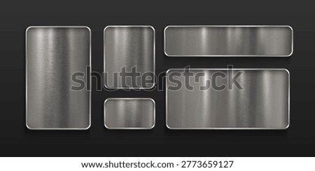 Shiny metal plates set isolated on background. Vector realistic illustration of rectangle stainless steel badges attached to surface with rivets, iron name board, game ui design elements